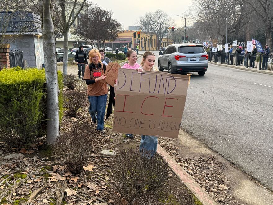 Demonstrators gathered to rally against President Donald Trump and federal immigration authorities as part of nationwide “ICE Out For Good” protests on Friday Jan. 23, 2026, in downtown Chico.