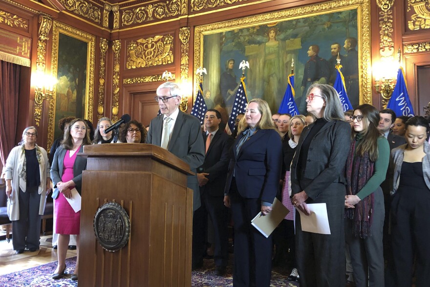 Wisconsin Gov. Tony Evers speaks at a news conference at the State Capitol in Madison, Wis., Tuesday, March 21, 2023, to announce reintroduction of a bill that would repeal the state's 1849 abortion ban. Republican lawmakers rejected the bill last summer but Evers has vowed to continue fighting to restore abortion rights.