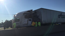 A semi along Interstate 35 between Norman and Moore after an early-morning fatality accident.