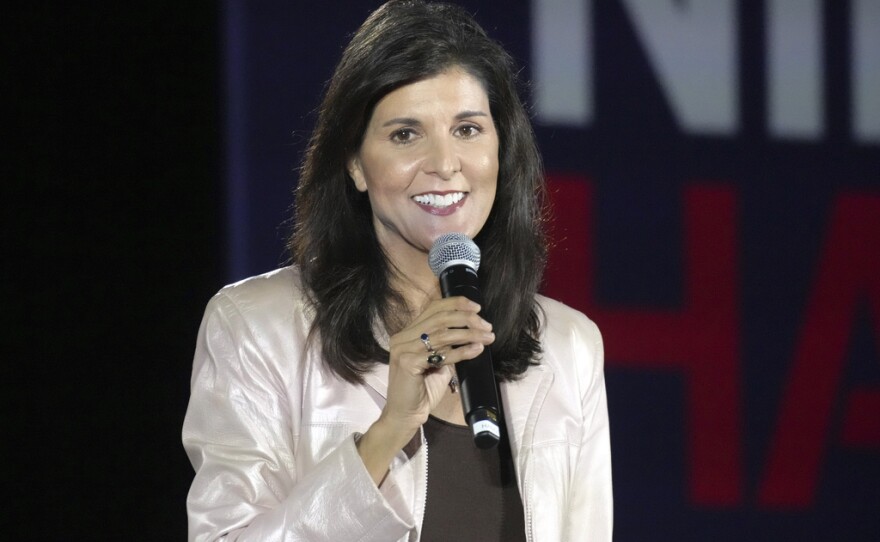 FILE - Former South Carolina Gov. Nikki Haley, a candidate for the 2024 Republican presidential nomination, speaks during a campaign rally on March 13, 2023, in Myrtle Beach, S.C. On Saturday, March 18, in North Charleston, Palmetto Family, which lobbies for what it considers to be “biblical values," is hosting Vision ’24, described by organizers as “casting the conservative vision" for the next White House race. Attendees are expected to hear from presidential hopefuls, including Haley and tech entrepreneur Vivek Ramaswamy. (AP Photo/Meg Kinnard, File)