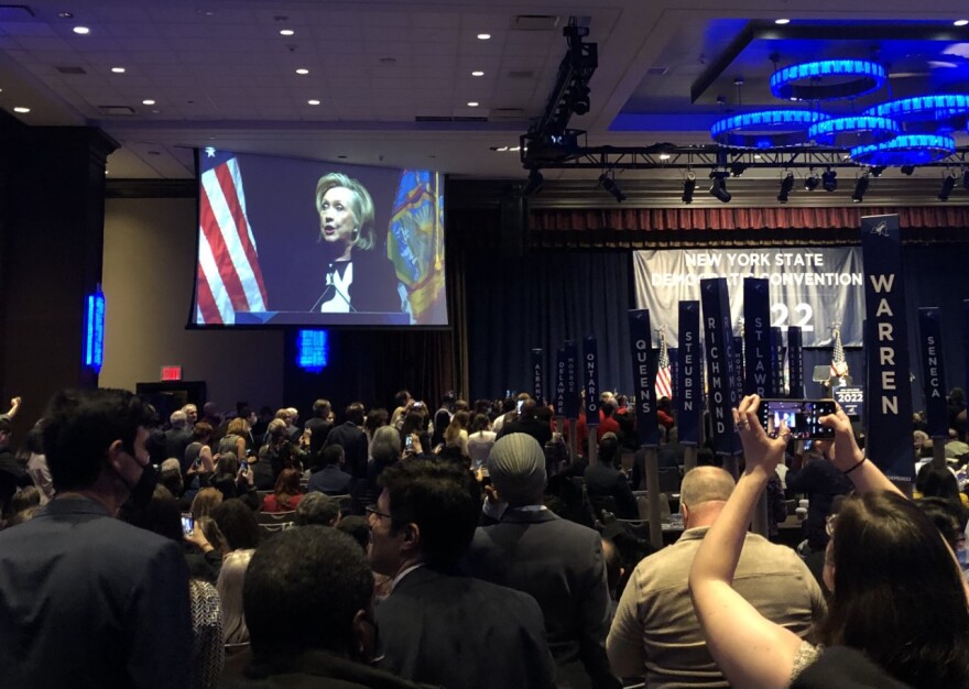 Hillary Clinton addresses the NYS Democratic Party convention on Feb 17, 2022.