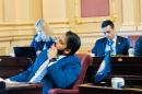 Northern Virginia Senator Saddam Salim peers at the vote board during a Senate floor session.