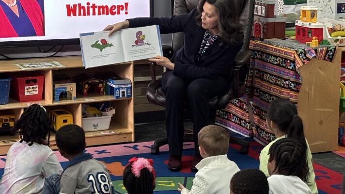Governor Gretchen Whitmer reads a book to a class of 4- and 5-year-olds on March 25, 2026.