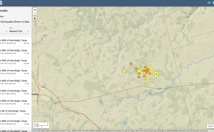 USGS map shows dozens of earthquakes recorded in Scurry County this week.