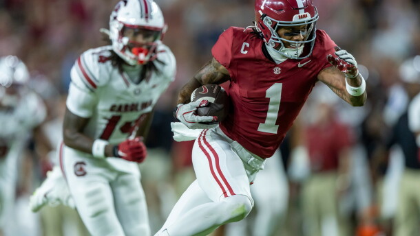 Alabama wide receiver Ryan Coleman-Williams (1) runs to score on a pass play against South Carolina during the first half of an NCAA college football game Saturday, Sept. 26, 2026, in Tuscaloosa, Ala. (AP Photo/Vasha Hunt)