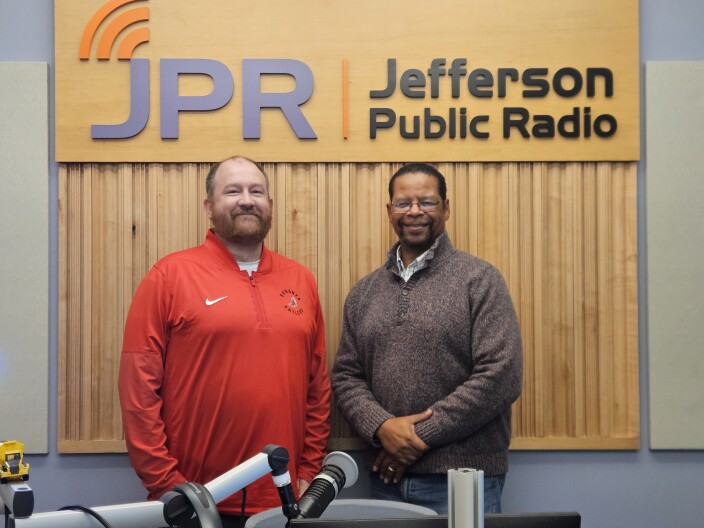 Jordan Osborn, principal of Bonanza High School, joins Mike Green, host of the Jefferson Exchange, in the JPR studio on Oct. 29, 2025.