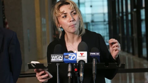 Ninth District congressional candidate Kat Abughazaleh addresses reporters following her Nov. 12 arraignment hearing in Chicago. She and five others, dubbed the “Broadview Six,” were charged with “impeding” a federal agent while protesting outside of an Immigration and Customs Enforcement facility in Broadview.