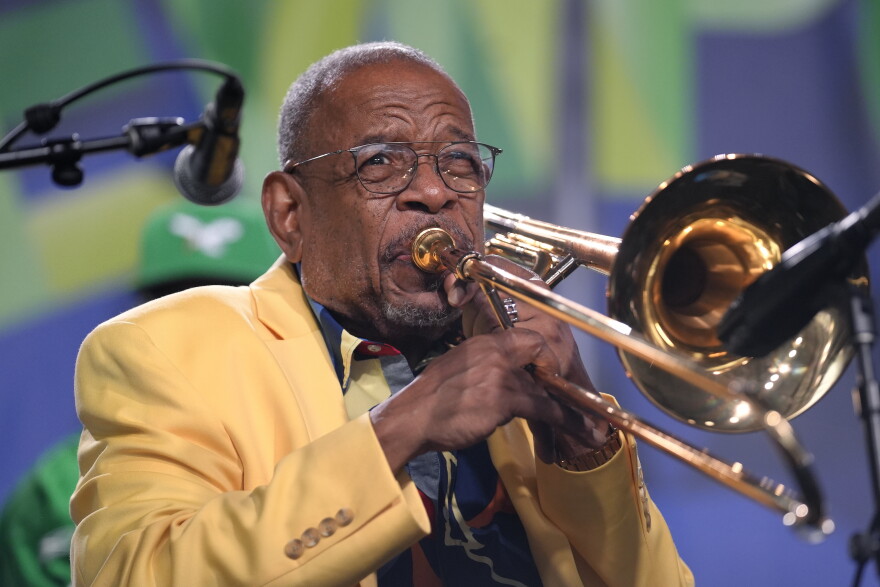 Trombonist Fred Wesley performs during the Newport Jazz Festival, Sunday, Aug. 4, 2024, in Newport, R.I. (AP Photo/Steven Senne)