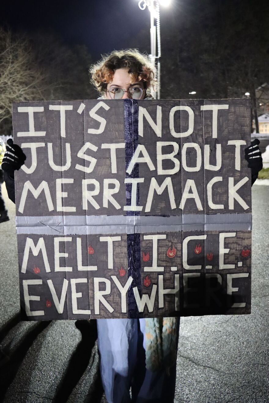 Merrimack resident Ariande Couser at a protest against ICE before a town hall meeting. Merrimack was listed as a location for an immigrant detainee processing site in a draft plan by the Trump administration to detain more than 80,000 people across the country, as part of a mass deportation initiative.