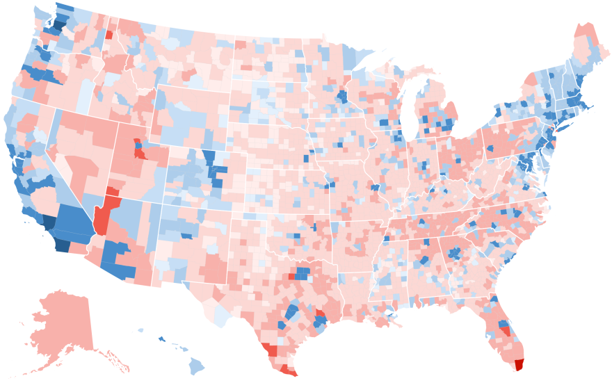 Final certified 2020 election results via The Associated Press. The AP reports Alaska results at the state level. Map shows shift, not raw results.