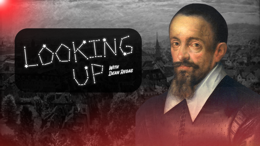 A photo collage combines a black-and-white edit of the painting “Pražské střechy” (“Prague Rooftops”) by Václav Malý, background, with a portrait believed to be of German astronomer Johannes Kepler, right, attributed to Hans von Aachen. Malý painted the work in 1935, and the portrait dates to 1612.