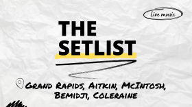 "The Setlist" and "Grand Rapids, Aitkin, McIntosh, Bemidji, Coleraine" written over a crumpled paper background.