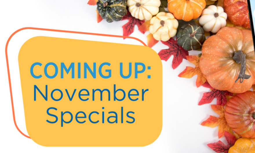 A graphic image with the text "Coming up: November Specials" in blue font on a yellow background and orange, green and white pumpkins, squash and leaves on the left side. 