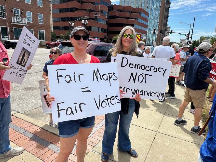 A rally decrying a redistricting and initiative petition special session drew hundreds of people on Sept. 1, 2025, to Shaw Park in Clayton, Missouri. The special session is slated to begin on Wednesday.