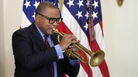 Wynton Marsalis performs with the Harlem School of the Arts All Stars, during an event with first lady Jill Biden and former Secretary of State Hillary Clinton to celebrate the 2023 Praemium Imperiale Laureates, a global arts prize awarded annually by the Japan Art Association for lifetime achievement in the arts, in the East Room of the White House, Tuesday, Sept. 12, 2023, in Washington. (AP Photo/Alex Brandon)