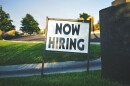 Sign with the words "now hiring" stands in the grass near a street.