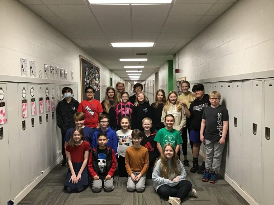 Cheryl Van Laeken's fifth grade class at Milford School. The group set up a phone line to share jokes, fun facts and inspirational quotes.