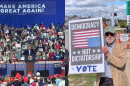 Left: President Trump at a podium on a rally stage. Right: a demonstrator with a sign that says "Democracy not dictatorship - Vote." In the background is a gas sign showing $3.99 a gallon. 