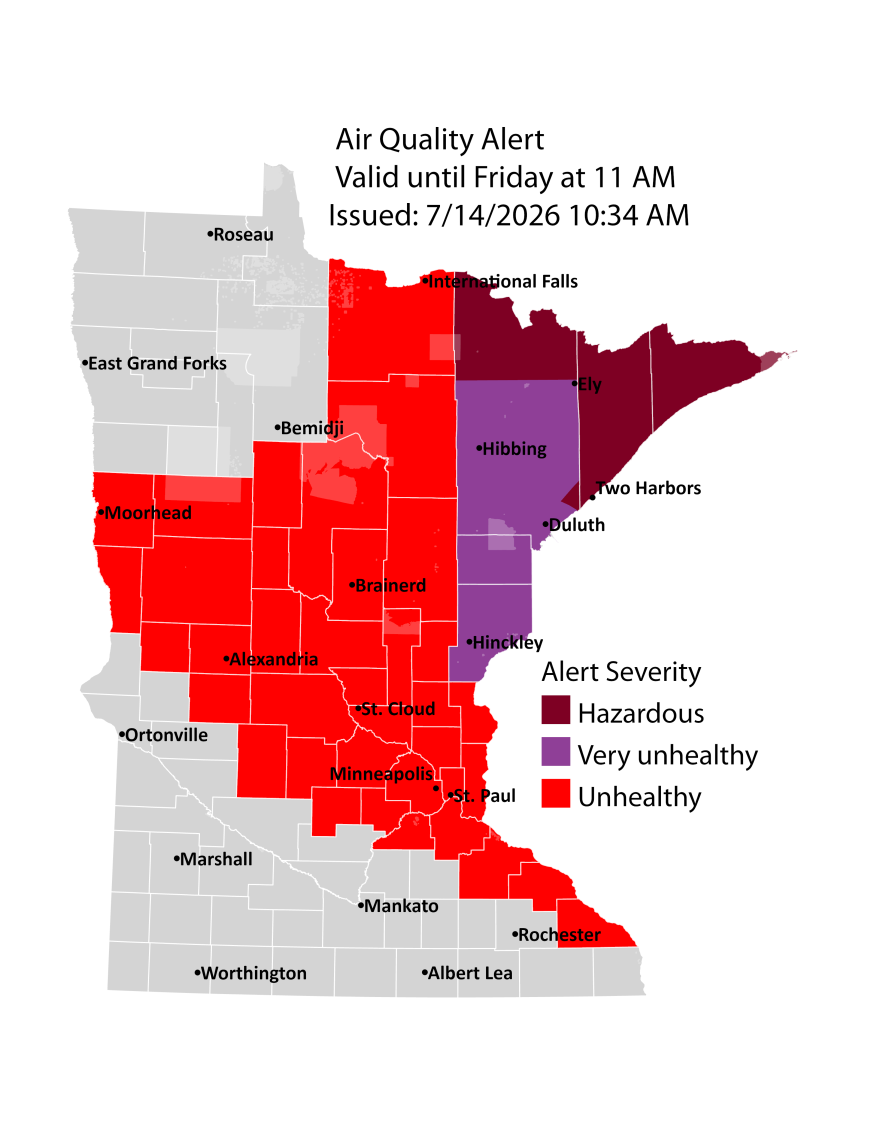 Air quality alert for Minnesota as of July 14, 2026.