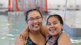 Linea Chase and Caitlyn Kaigelik say they enjoy swimming at the Mt. Edgecumbe Aquatic Center. But they haven’t been able to spend too much time in the saltwater pool, since it only opened to students in January. (Photo by Katherine Rose/KCAW)
