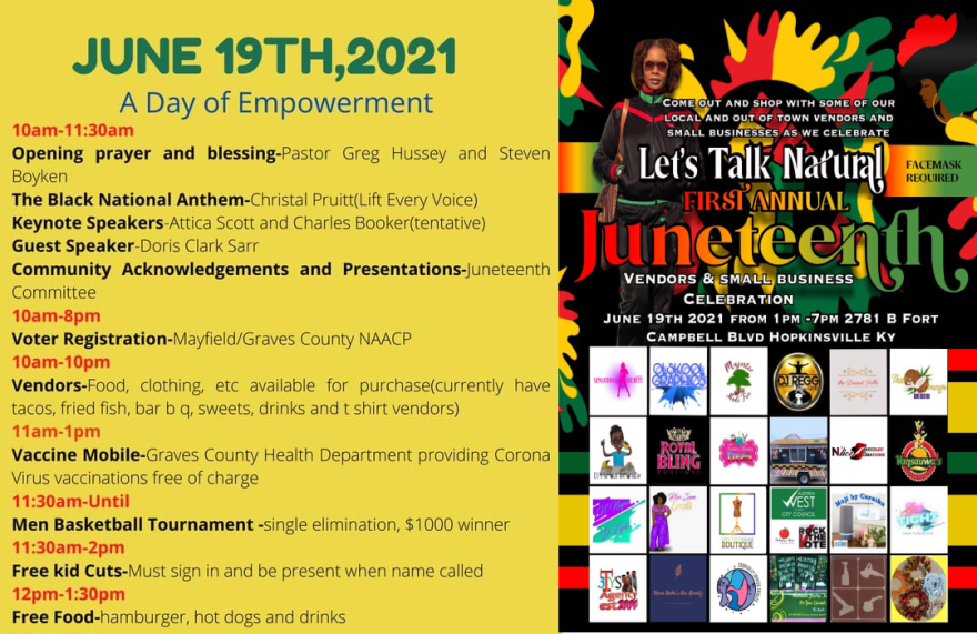 Cropped screenshots advertising Juneteenth events in Mayfield (left) and Hopkinsville (right).