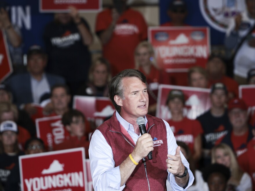 Virginia Republican gubernatorial candidate Glenn Youngkin speaks at a campaign rally at the Chesterfield County Airport on November 01, 2021.