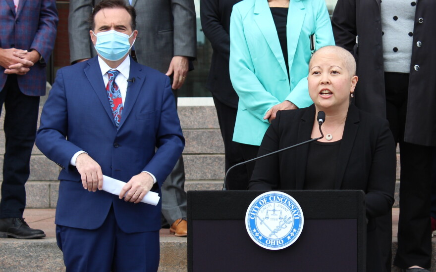 Mayor John Cranley (left) and City Manger Paula Boggs Muething announced recommendations for spending the stimulus money on March 24.