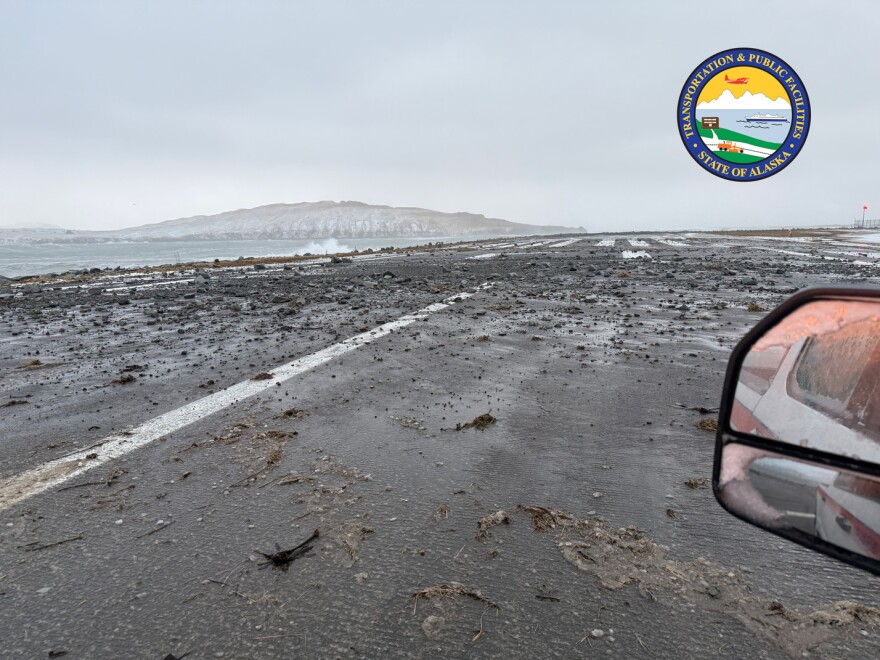 Waves washed debris onto the runway at Unalaska's Tom Madsen Airport during the weekend storm.