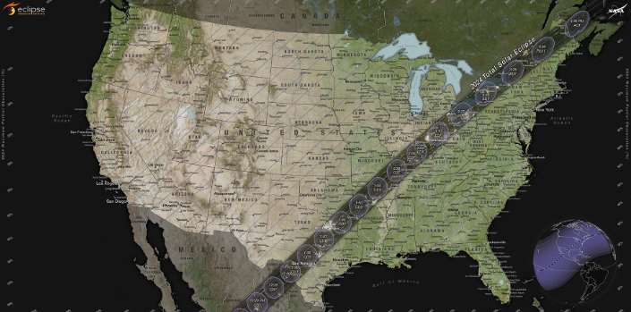 A map showing the path of the total solar eclipse across the United States.