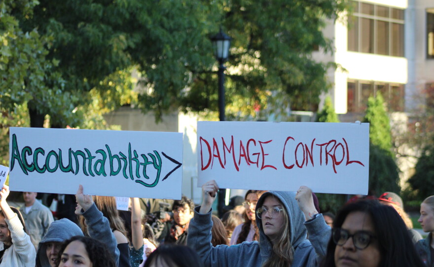 A large crowd gathered on Cornell’s campus Monday afternoon to show support for a Cornell student, known as Jane Doe, who alleges she was raped by fraternity members on campus in 2024.