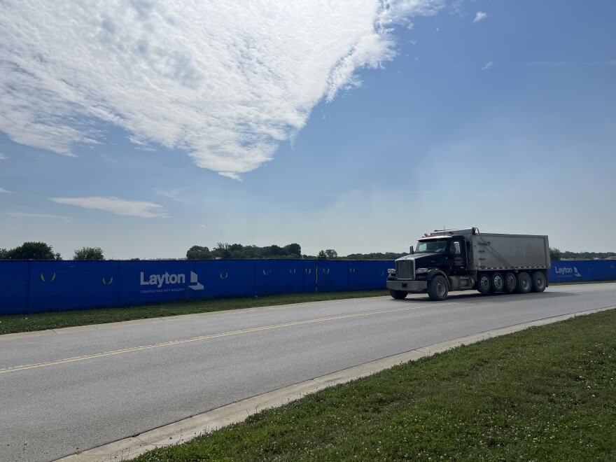 A truck drives by the site where a data center is being constructed in Trenton.