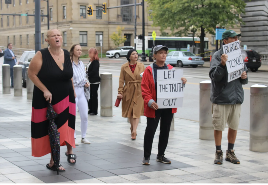 Jami Wallace (far left), Zsuzsa Gyenes (second from left), and other residents affected by the Norfolk Southern train derailment in East Palestine, outside the federal courthouse in Youngstown, Ohio, after the settlement was approved.