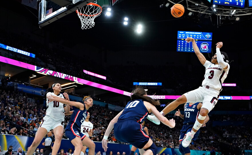 South Carolina's Destanni Henderson shoots during the second half of the championship game of the women's NCAA Tournament on April 3 in Minneapolis. Henderson scored a game-high 26 points.