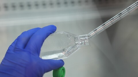 Close up picture of blue-gloved hand holding a bottle into which liquid is being deposited via pipette or syringe.
