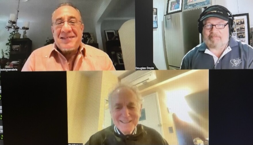 Eight-time Grammy nominee Bobby Sanabria (top left) and acclaimed musician, composer, arranger and author David Amram chats with WBGO's Doug Doyle