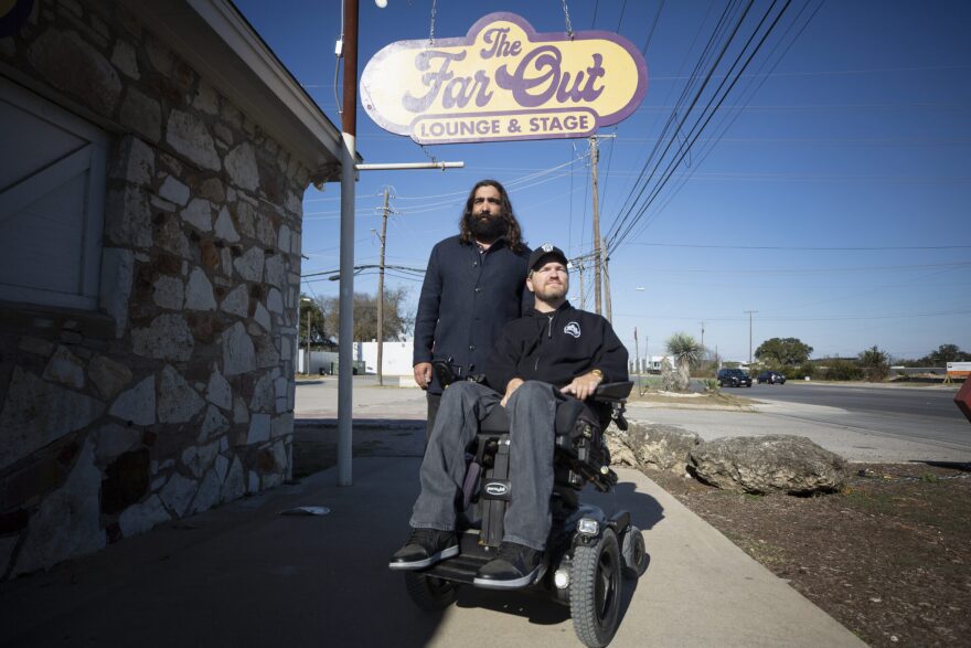 Pedro Carvalho (left), co-owner of the Far Out Lounge, and Lawrence Boone (right), in front of Far Out lounge.