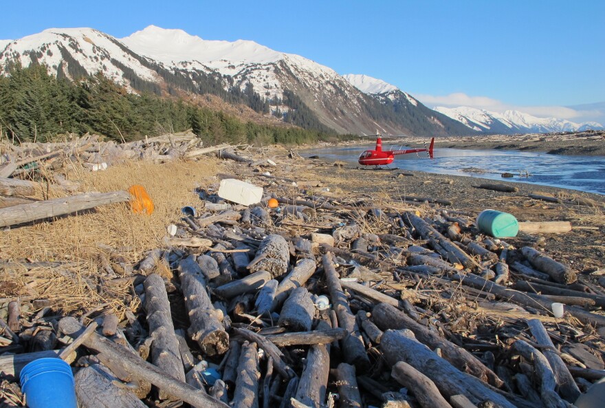 Trash, much of it believed to be debris from the 2011 Japanese tsunami, litters the beach on Montague Island, Alaska, on Jan. 26.