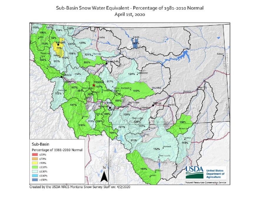 Montana Sub-basin Snow-Water Equivalent Percentage of 1981-2010 Normal, April 1, 2020.