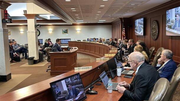 Rep. Spencer Gosch speaks to the House State Affairs Committee on House Joint Resolution 5001 on Jan. 23, 2026, in the State Capitol Building in Pierre.