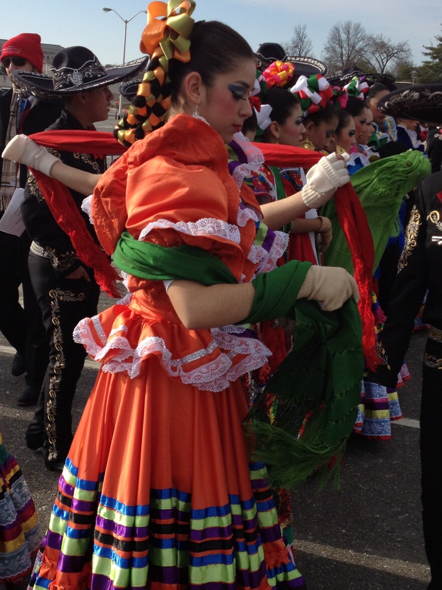 Members of Palmview High School's marching band and folklorico group, who traveled from La Joya, Texas, prepare for the inaugural parade in Washington, D.C.