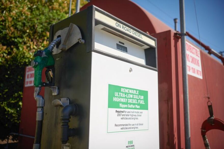 Fuel pumps at Titan's Portland terminal tap a 15,000 gallon tank full of renewable diesel, which is filled by fuels wholesaler. The low-carbon biofuel fuel is harder to access for smaller trucking firms that rely on retail fuel outlets.