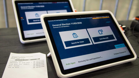 A tablet sits ready for voters at Louisville's first drive-through voting center, opening during the 2026 General Election, located at the Kentucky Expo Center.