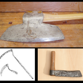 Top, left: cooper’s adz; center: broadax; right: mattock. Bottom, left: use of a scythe and cradle; left center: Dutch scythes; right center: froe or frow; right: auger and gimlet.