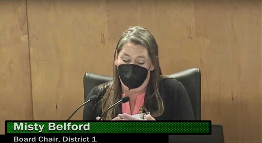 Brevard County School Board chair Misty Belford argued for continuing the district's mask mandate. Image: Brevard School Board via YouTube