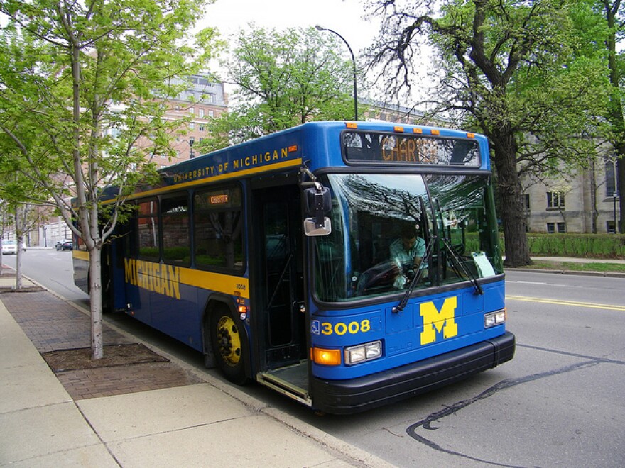 A bus on the University of Michigan's campus in Ann Arbor.