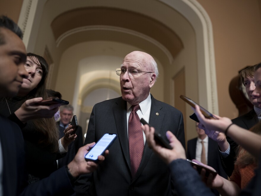 Senate Appropriations Committee Chair Patrick Leahy, D-Vt., speaks with reporters at the U.S. Capitol on Monday about negotiations on the government spending package.