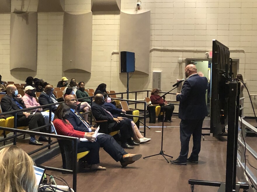 East Baton Rouge Parish Schools Associate Superintendent of Workforce Development, Ben Necaise, answering questions about the “Pathways to Bright Futures” program at the March 9th community meeting at Scotlandville Magnet High School.