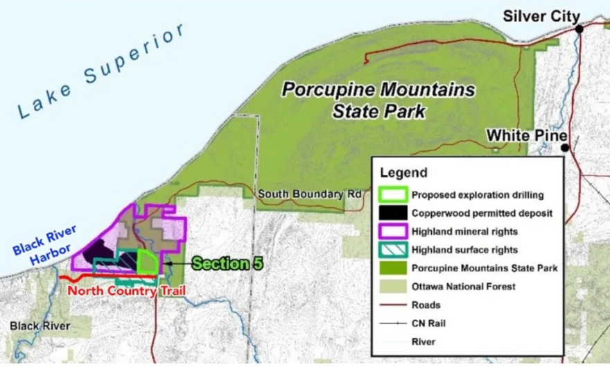 This map shows the proposed Copperwood Mine, the Porcupine Mountains and Lake Superior, along with the North Country Trail. (Courtesy of Protect the Porkies via Bridge Michigan)