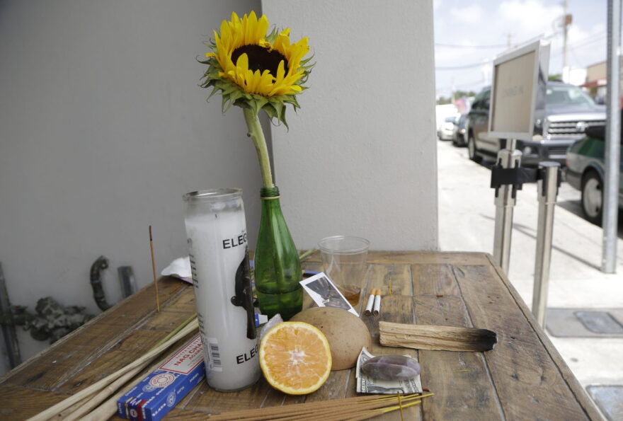 An offering of flowers, fruit, incense and candles sits outside of Zak the Baker restaurant and bakery, in hopes of warding off the Zika virus, Wednesday, Aug. 3, 2016, in the Wynwood neighborhood of Miami. The CDC has advised pregnant women to avoid travel to the Miami neighborhood of Wynwood where mosquitoes are apparently transmitting Zika directly to humans. This arts district which has numerous galleries, restaurants, and bars, is popular with tourists and locals. (AP Photo/Lynne Sladky)