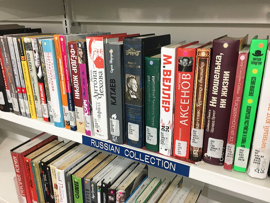 A photo shows the Russian Book Collection at a library in Cleveland.